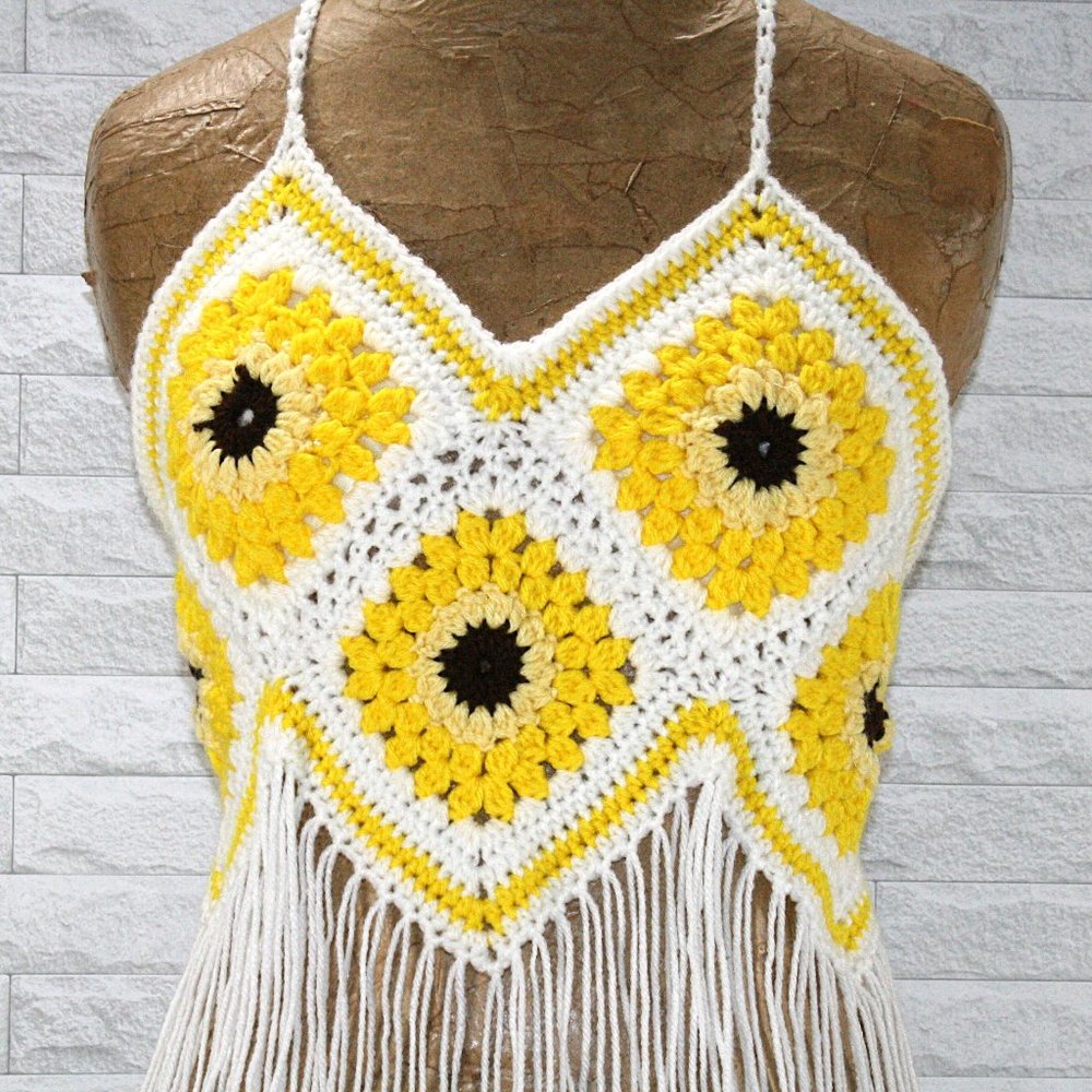 HAND CRAFTED Crop Top Sunflower Crochet Fringe Granny Square Yellow Various - Picture 2 of 15